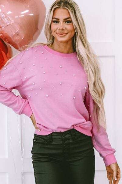 Pearl Round Neck Dropped Shoulder Sweatshirt - Trendsi - Flyclothing LLC