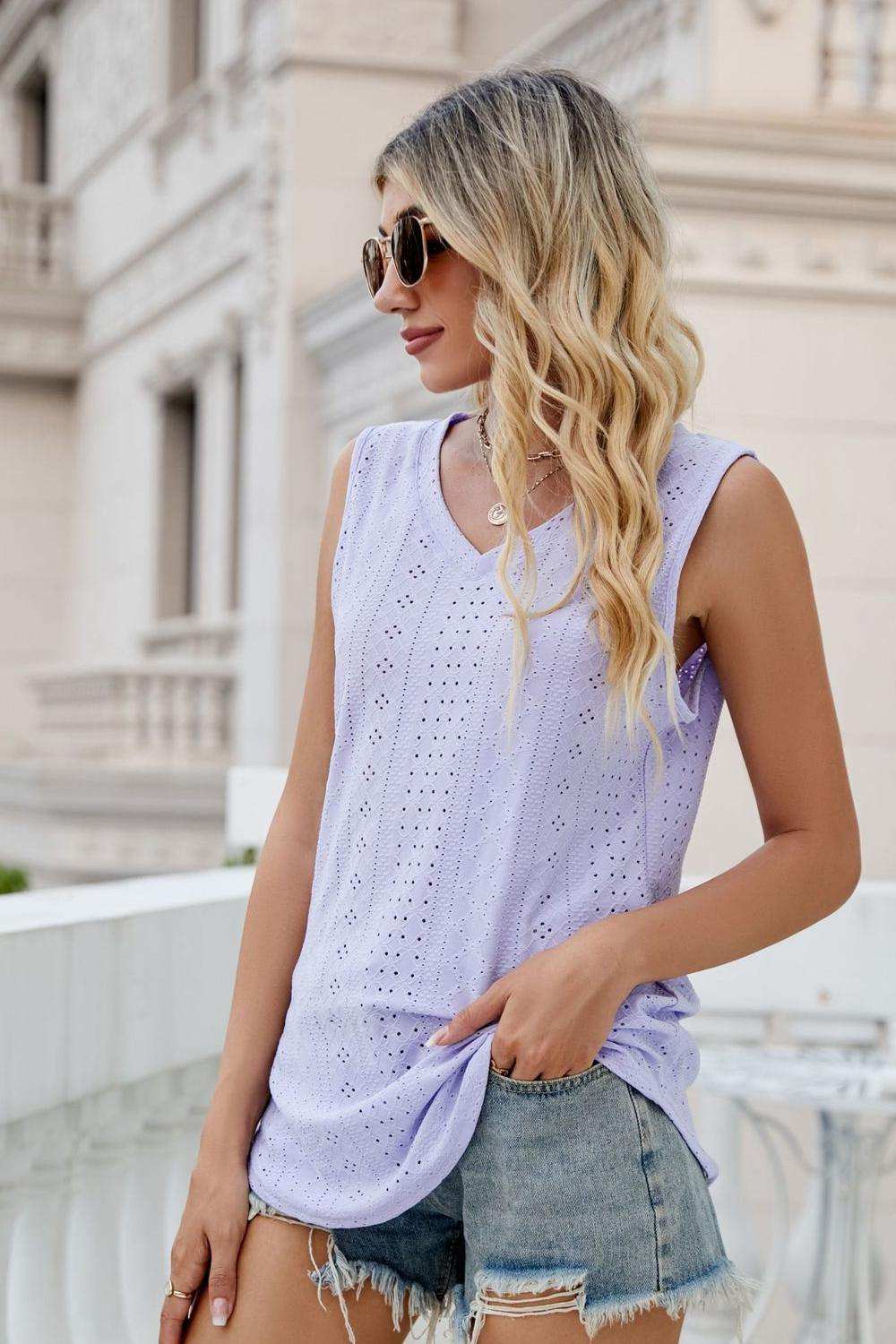 Eyelet V-Neck Tank - Trendsi - Flyclothing LLC