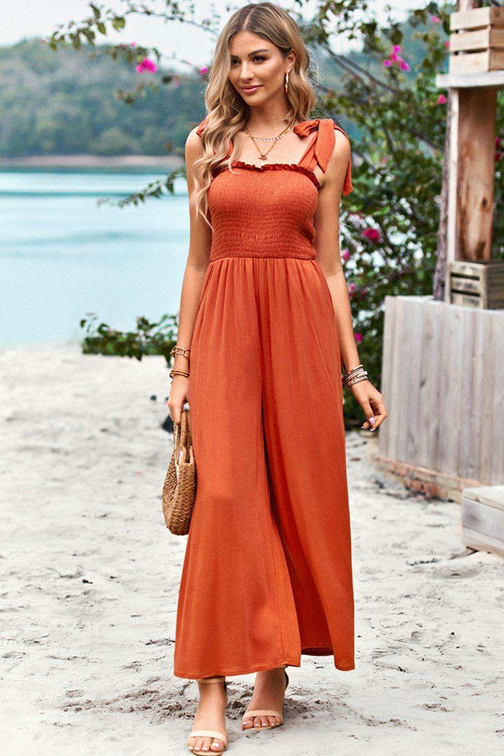 Frill Trim Tie Shoulder Wide Leg Jumpsuit with Pockets - Trendsi - Flyclothing LLC
