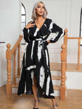 Printed Tie Front Ruffle Trim Long Sleeve Dress - Trendsi - Flyclothing LLC