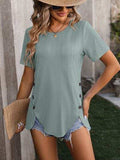 Decorative Button Round Neck Short Sleeve Blouse - Trendsi - Flyclothing LLC