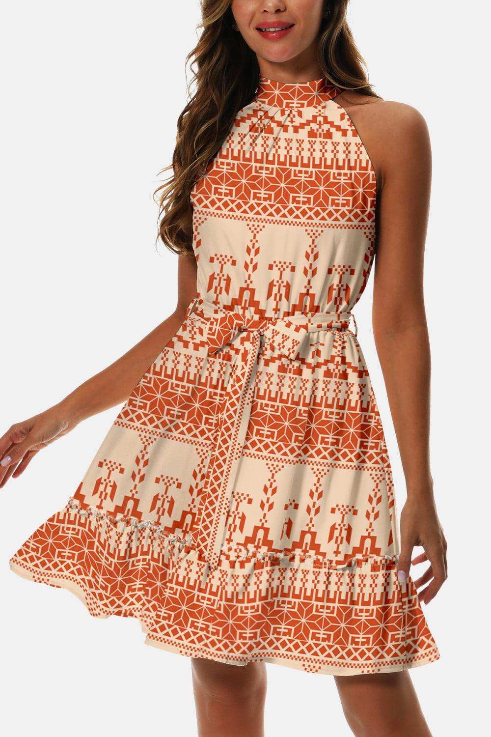 Printed Tie Waist Frill Trim Dress - Trendsi - Flyclothing LLC