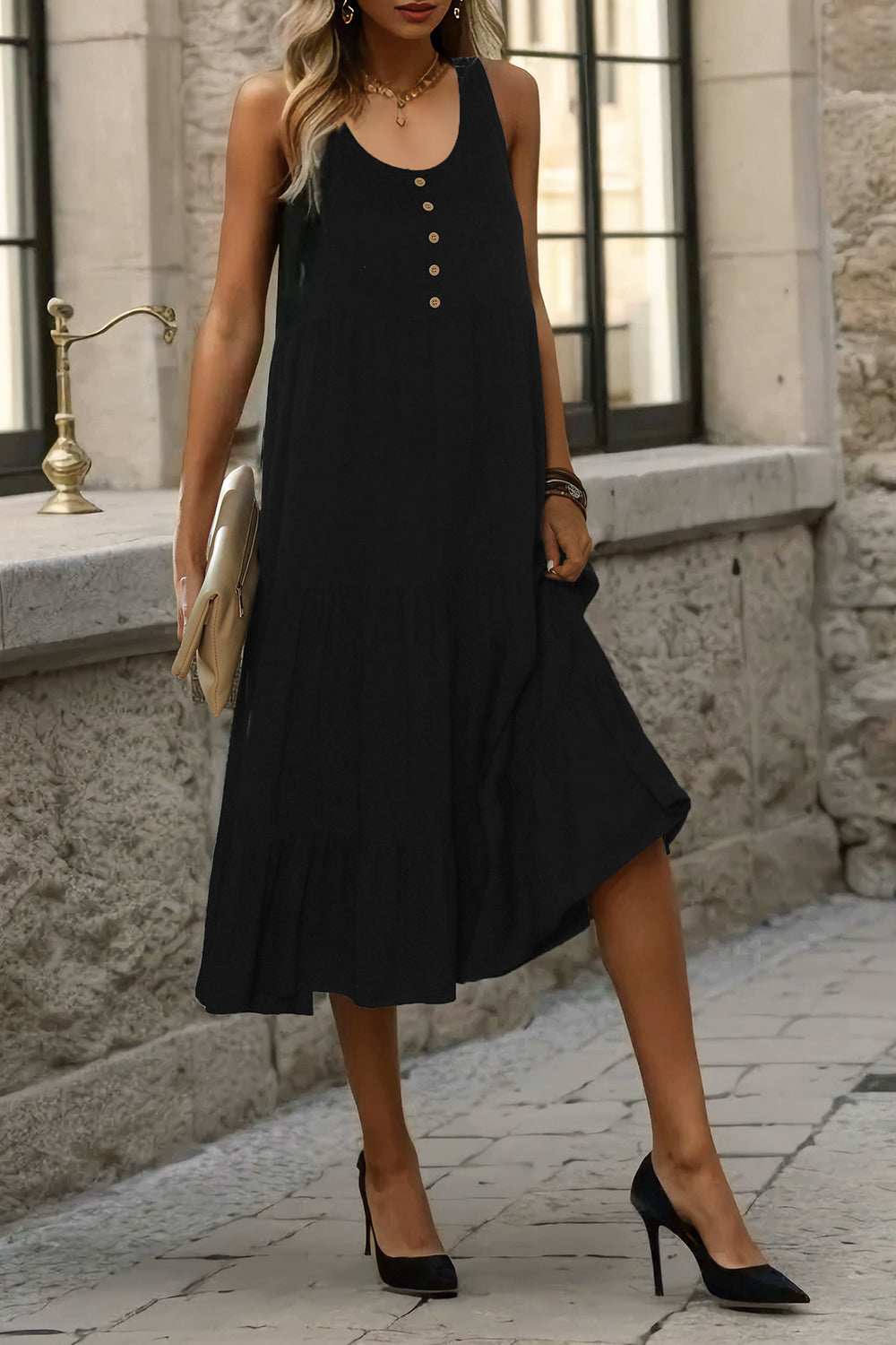 Decorative Button Tiered Tank Dress - Trendsi - Flyclothing LLC