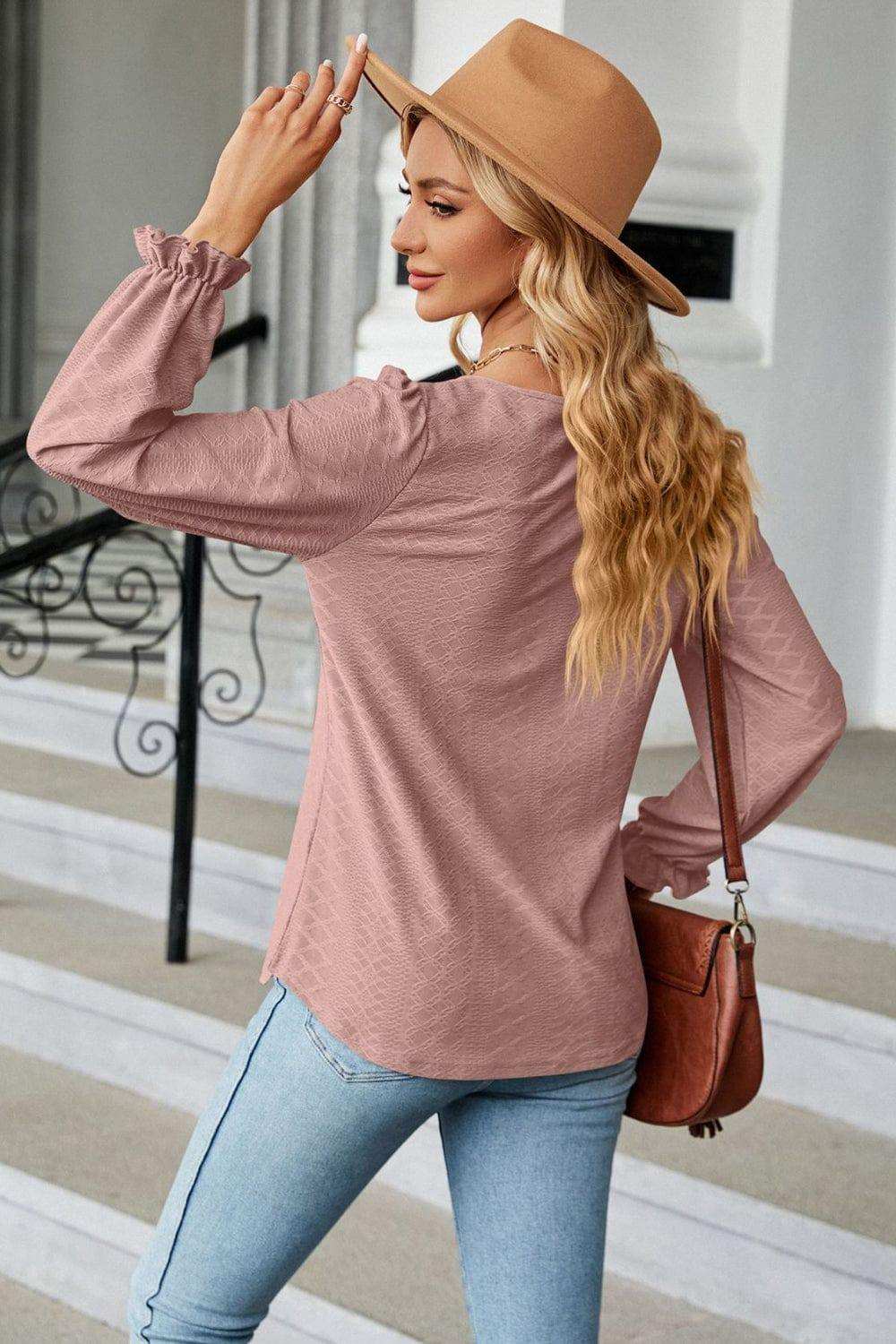 Round Neck Flounce Sleeve Blouse - Trendsi - Flyclothing LLC