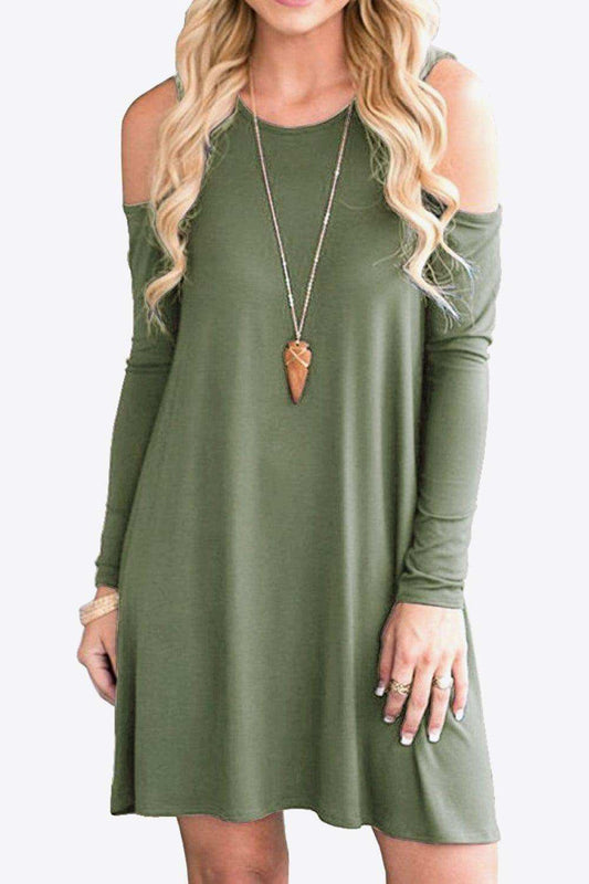Cold-Shoulder Long Sleeve Round Neck Dress - Trendsi - Flyclothing LLC