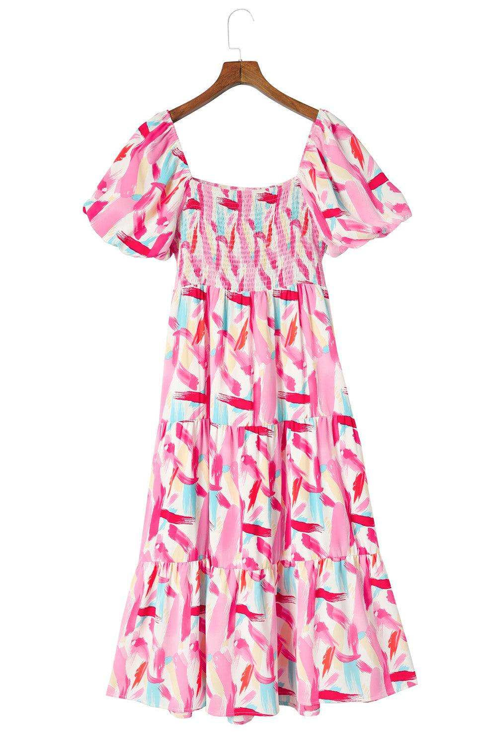 Printed Square Neck Tied Smocked Dress - Trendsi - Flyclothing LLC