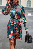 Printed Tie Waist Mock Neck Lantern Sleeve Dress - Trendsi - Flyclothing LLC