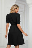 Contrast V-Neck Puff Sleeve Pocket Dress - Trendsi - Flyclothing LLC