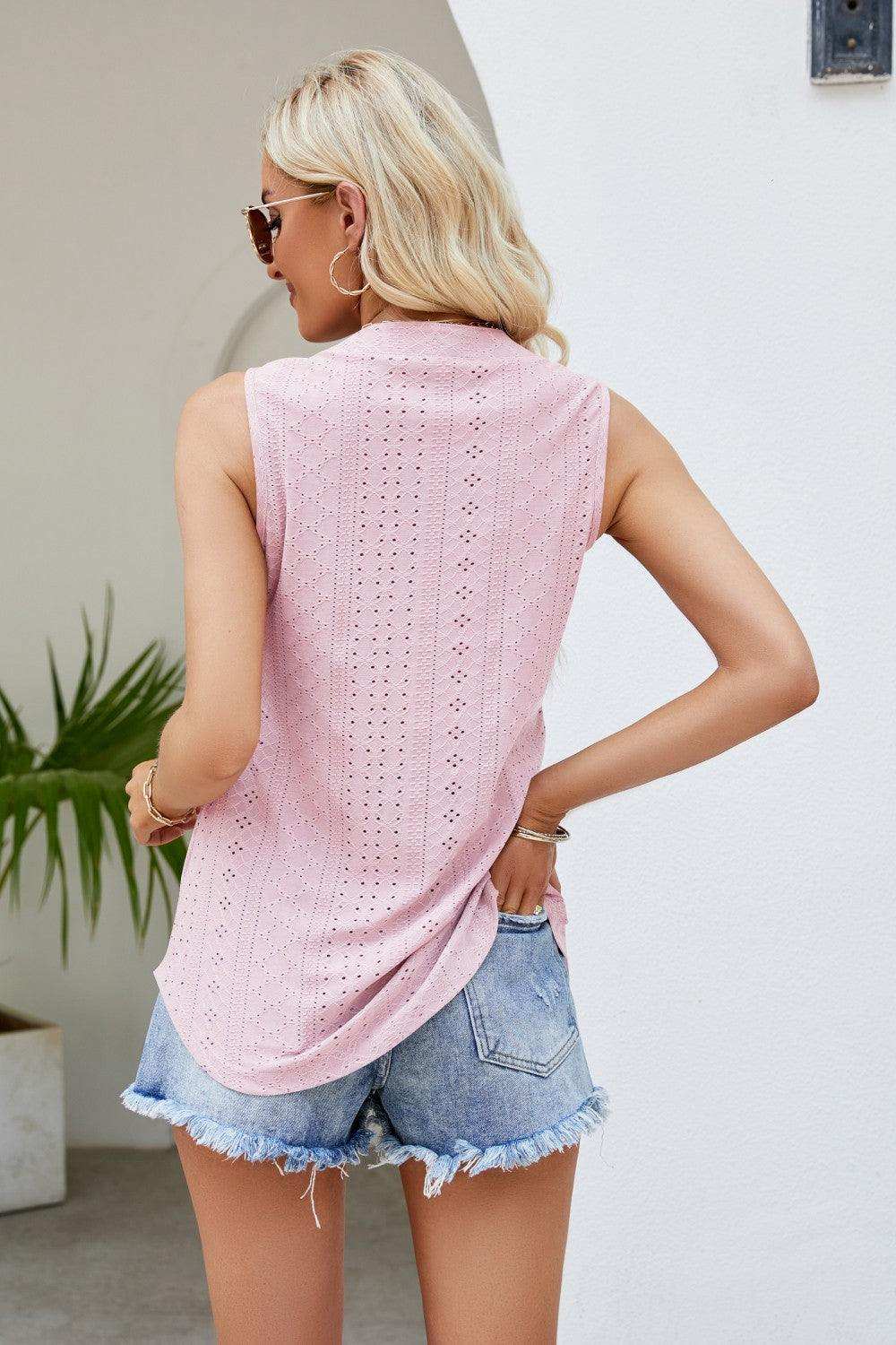 Notched Neck Curved Hem Eyelet Tank - Trendsi - Flyclothing LLC