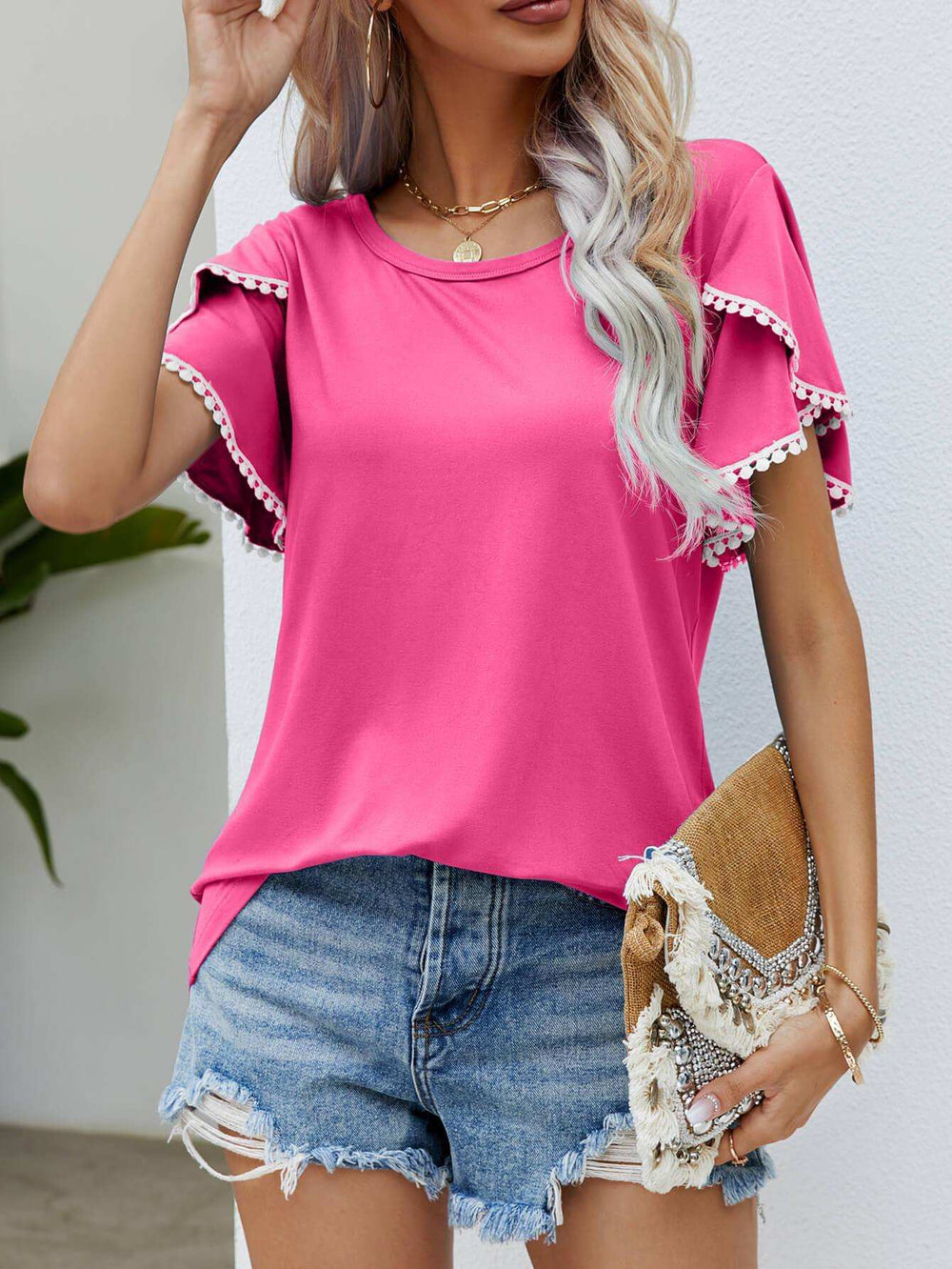 Pom-Pom Trim Flutter Sleeve Round Neck Tee - Trendsi - Flyclothing LLC