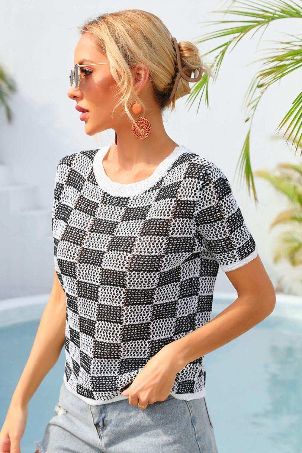 Checkered Short Sleeve Knit Top - Trendsi - Flyclothing LLC