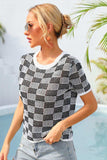 Checkered Short Sleeve Knit Top - Trendsi - Flyclothing LLC