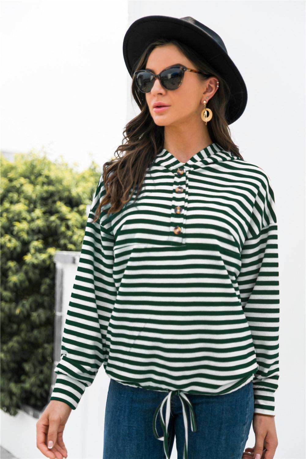 Striped Half-Button Dropped Shoulder Hoodie - Trendsi - Flyclothing LLC