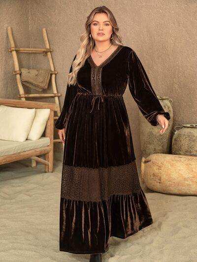 Plus Size V-Neck Balloon Sleeve Maxi Dress - Trendsi - Flyclothing LLC