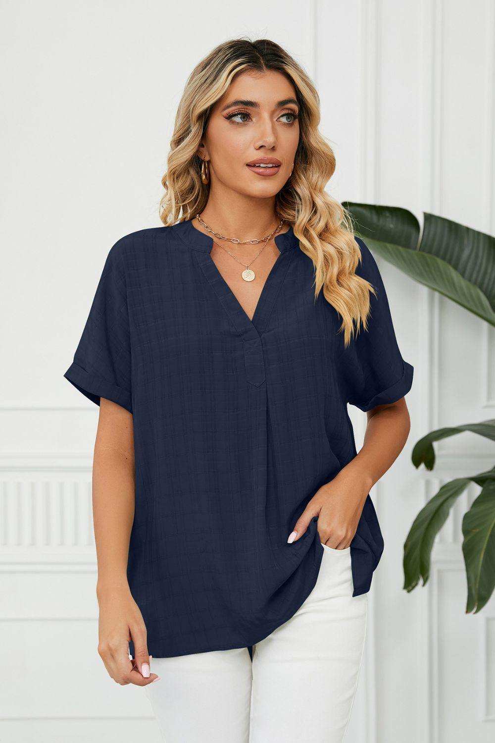 Side Slit Notched Neck Cuffed Short Sleeve Blouse - Trendsi - Flyclothing LLC