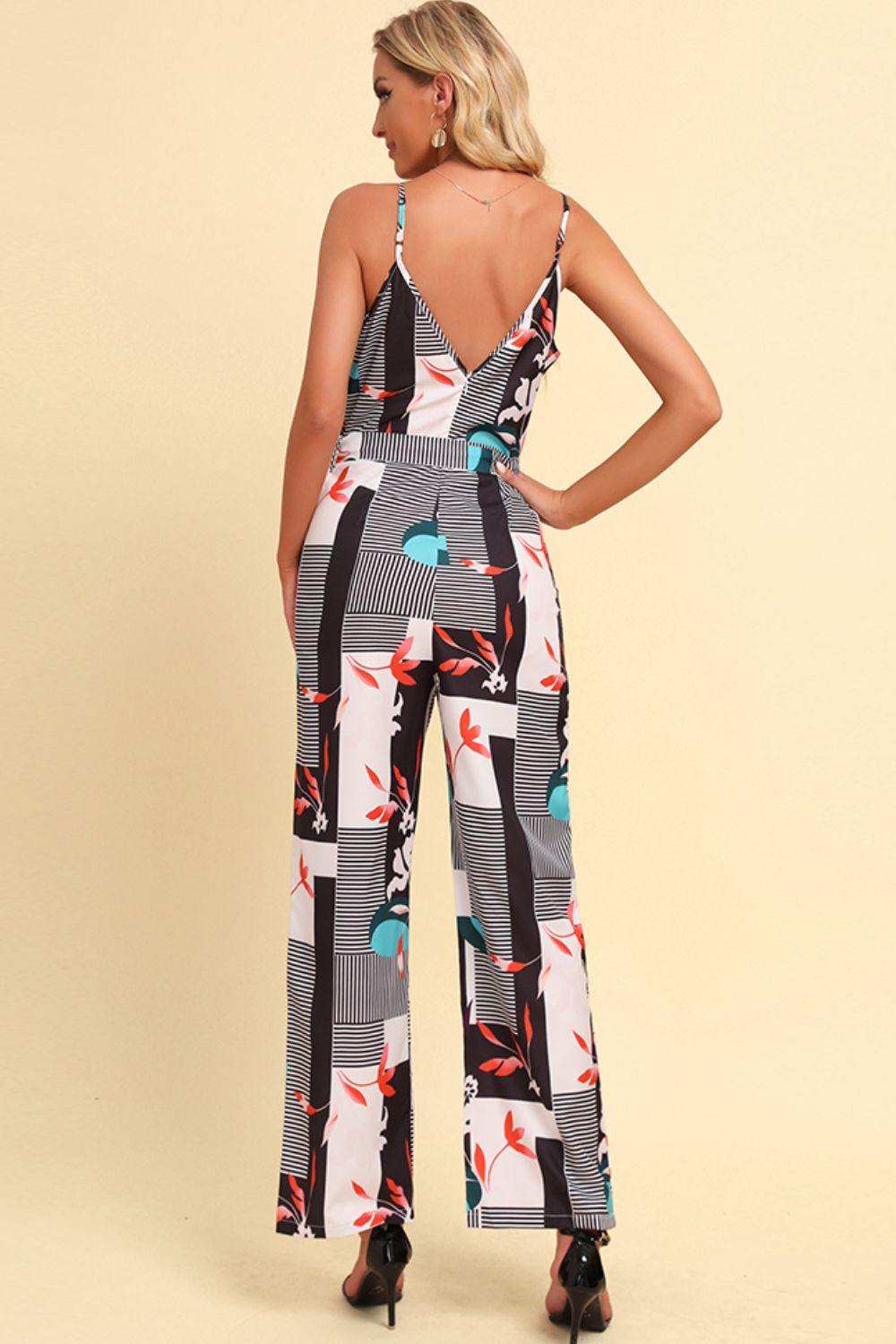 Printed Spaghetti Strap Tied Jumpsuit - Trendsi - Flyclothing LLC