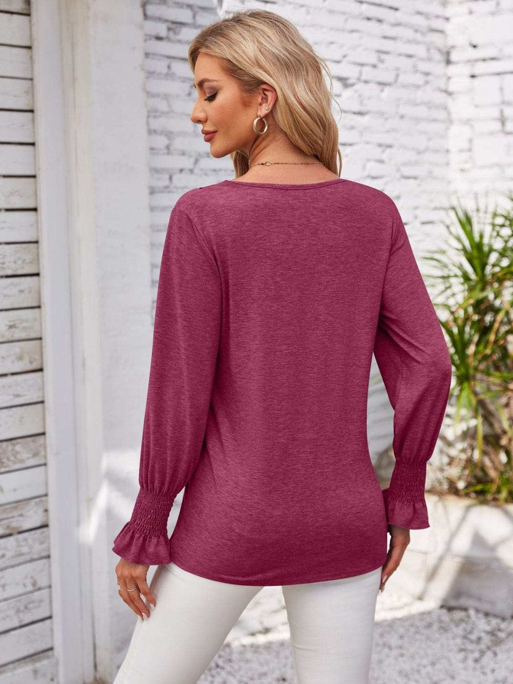 Smocked V-Neck Long Sleeve Blouse - Trendsi - Flyclothing LLC