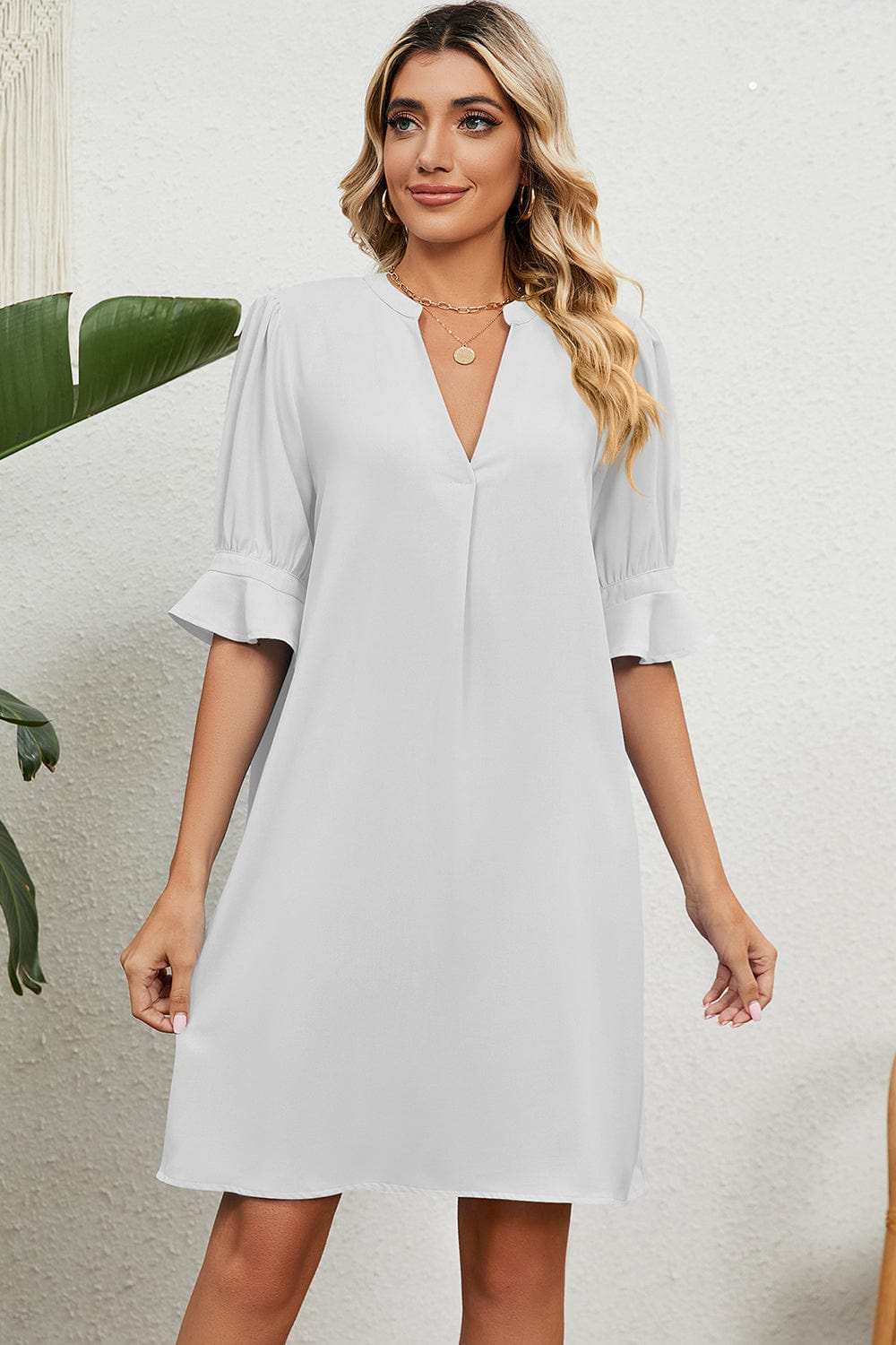 Notched Flounce Sleeve Mini Dress - Trendsi - Flyclothing LLC