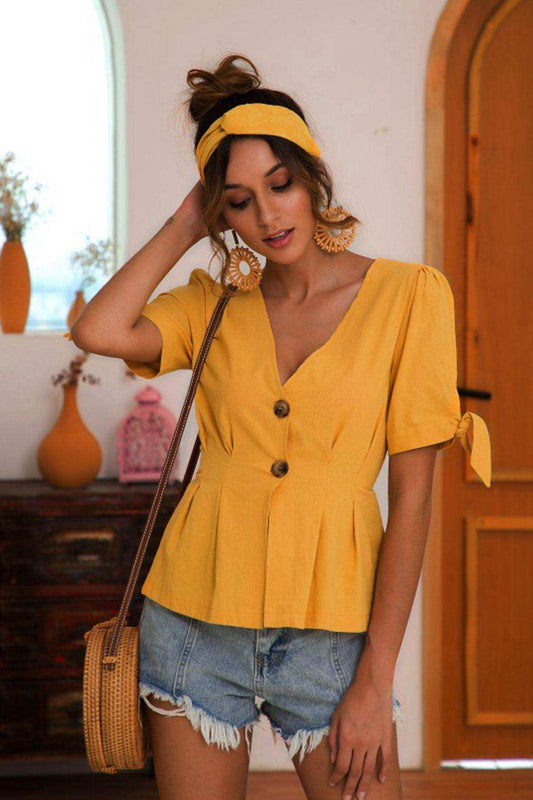 Buttoned V-Neck Short Sleeve Blouse - Trendsi - Flyclothing LLC