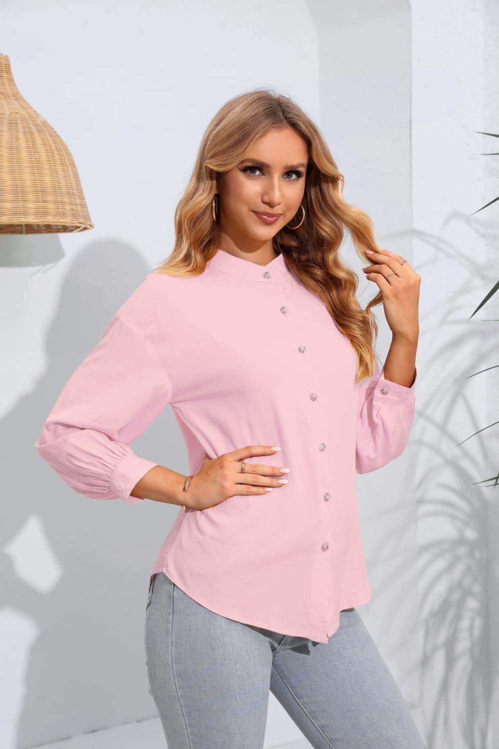 Mock Neck Buttoned Long Sleeve Shirt - Trendsi - Flyclothing LLC