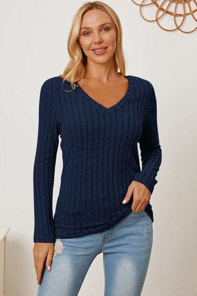 Basic Bae Full Size Ribbed V-Neck Long Sleeve T-Shirt - Trendsi - Flyclothing LLC
