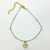 Baby blue Glass Bead Choker with Brass Coin Pendant - Asha Handicrafts - Flyclothing LLC