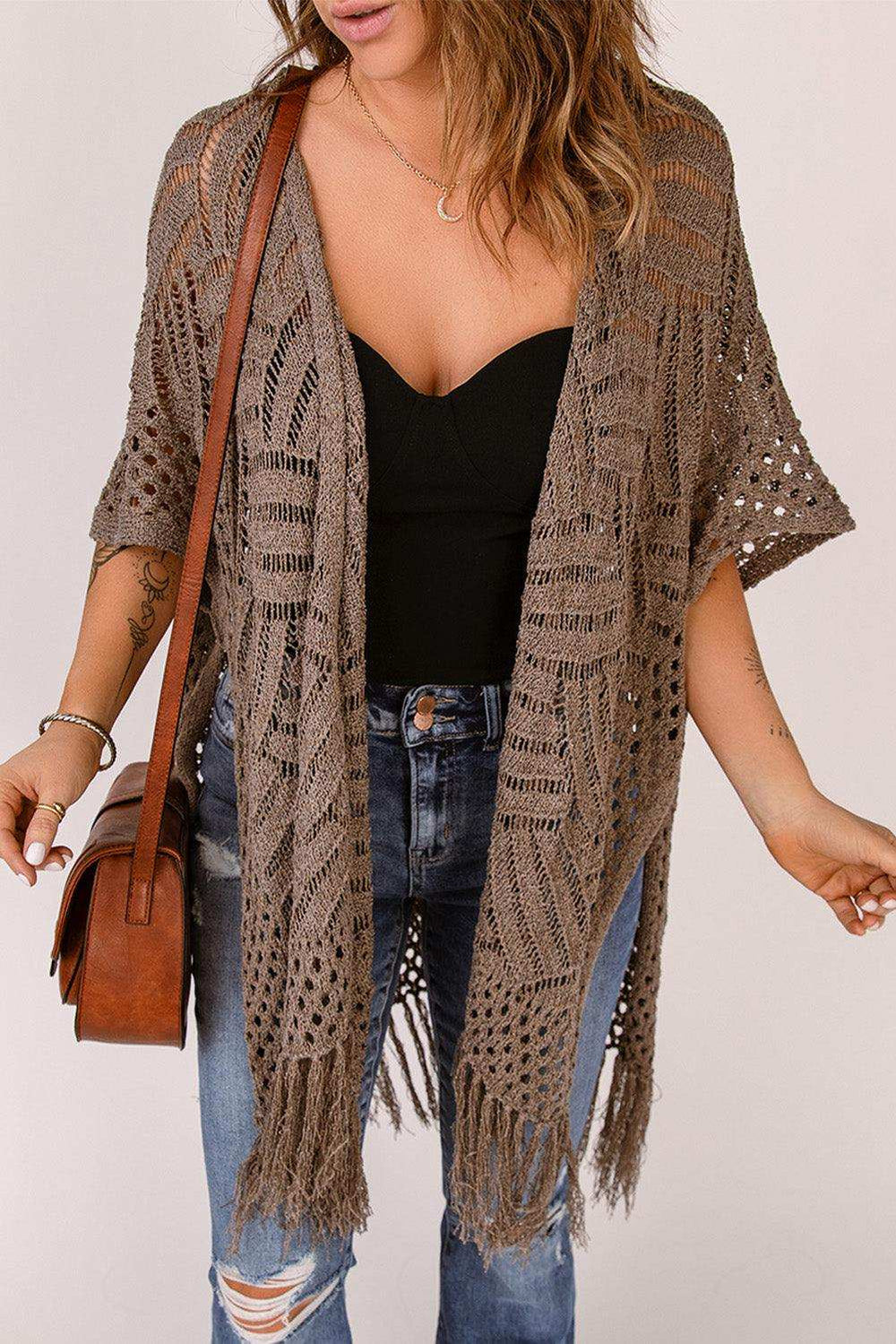 Fringe Hem Slit Open Front Cardigan - Trendsi - Flyclothing LLC