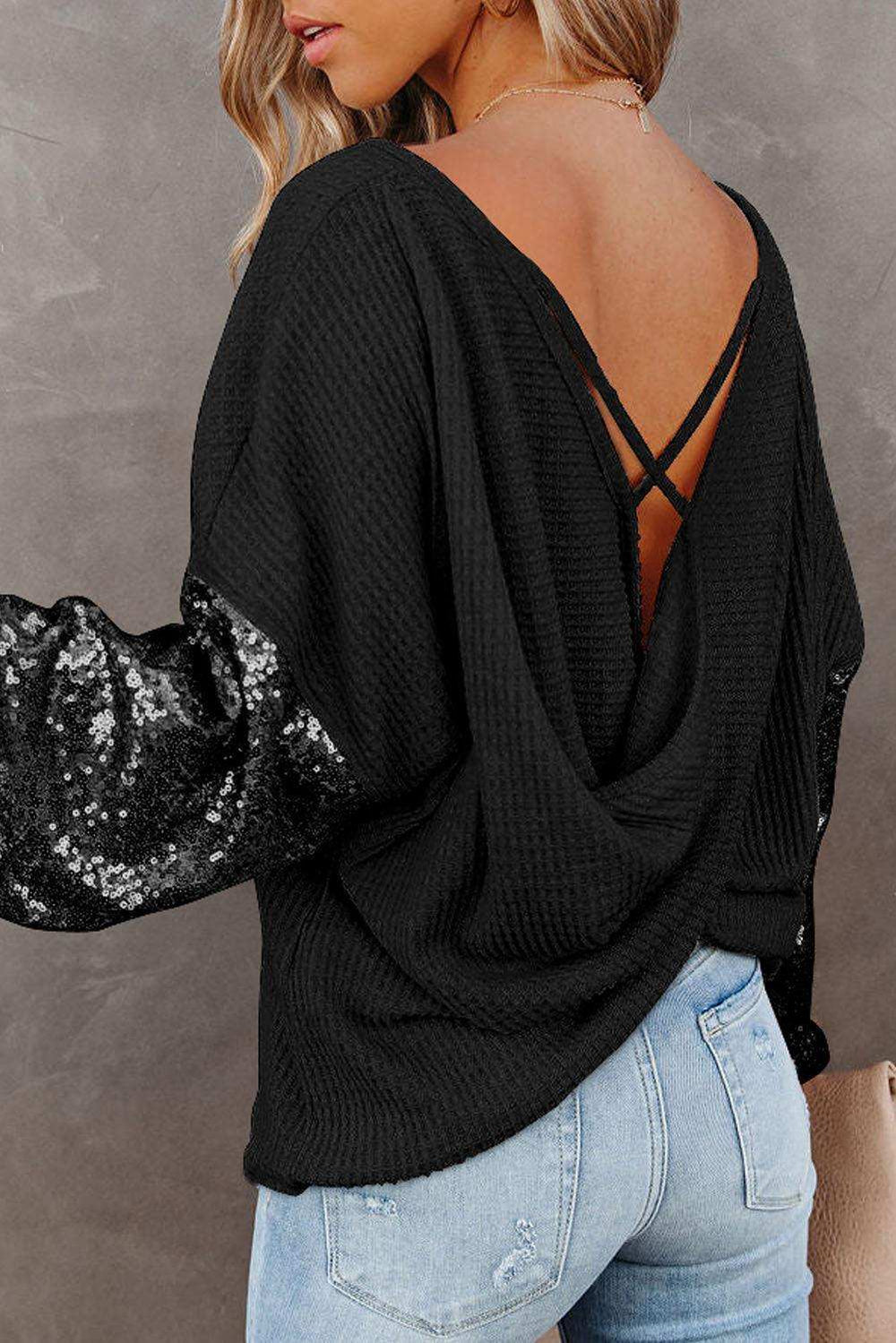 Sequin Waffle-Knit Blouse - Trendsi - Flyclothing LLC