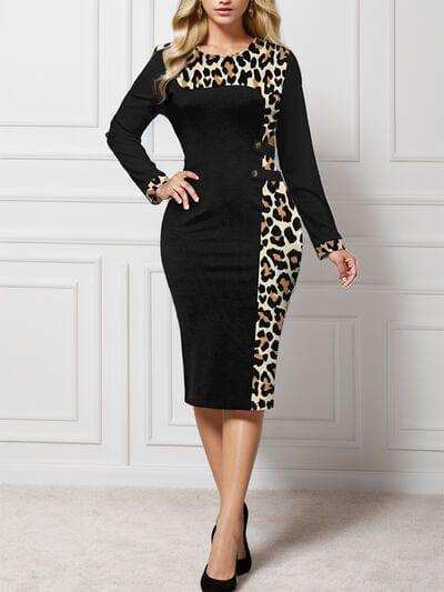 Plus Size Leopard Round Neck Long Sleeve Dress - Trendsi - Flyclothing LLC