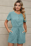 Drawstring Half Button Short Sleeve Romper - Trendsi - Flyclothing LLC