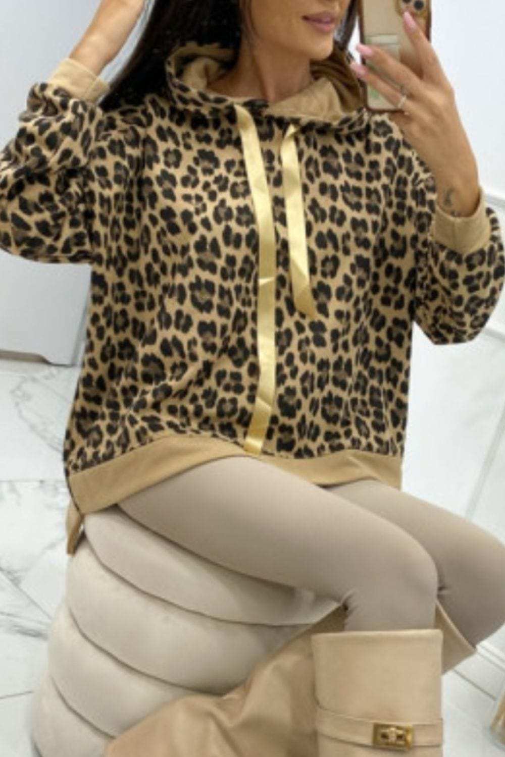 Leopard Dropped Shoulder Hoodie - Trendsi - Flyclothing LLC