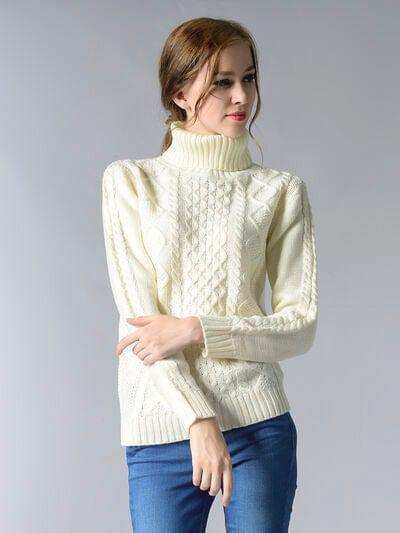 Cable-Knit Turtleneck Pullover Sweater - Trendsi - Flyclothing LLC