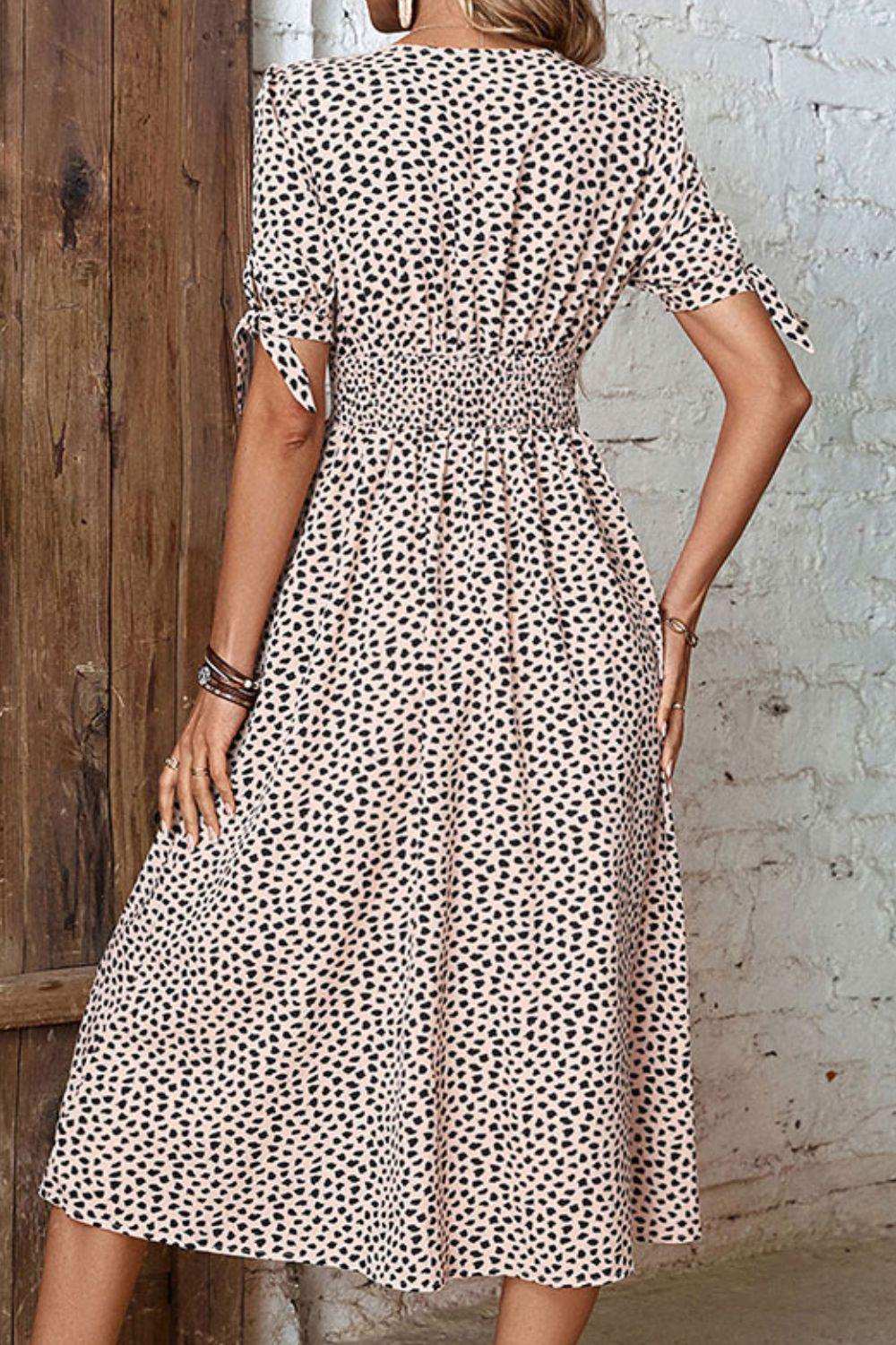 Animal Print Button Front V-Neck Tied Dress - Trendsi - Flyclothing LLC