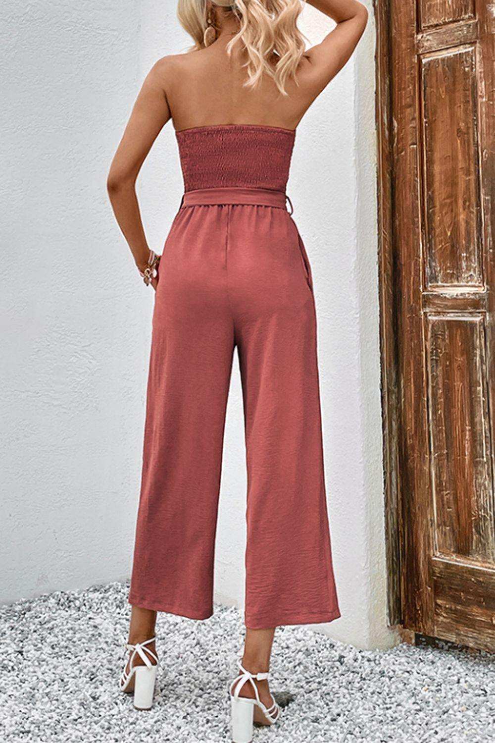 Decorative Button Strapless Smocked Jumpsuit with Pockets - Trendsi - Flyclothing LLC