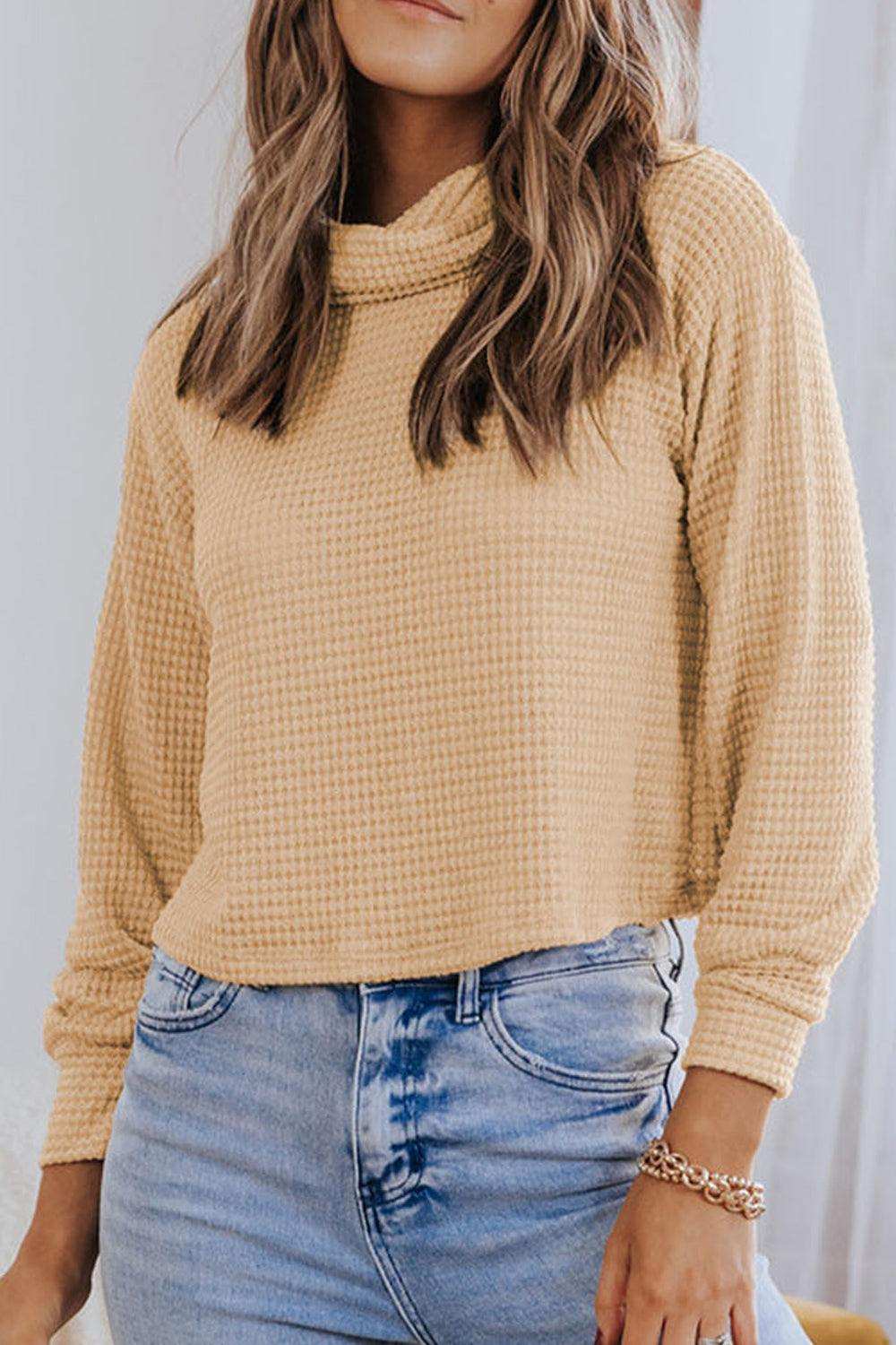 Waffle-Knit High Neck Top - Trendsi - Flyclothing LLC