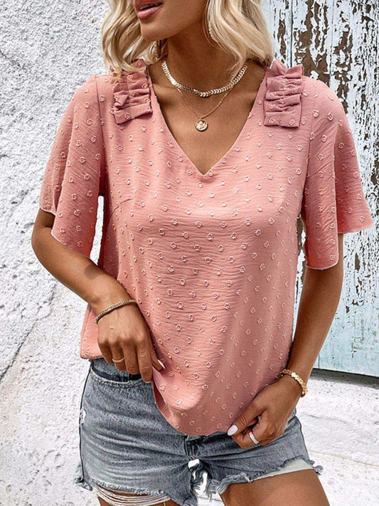Swiss Dot Shoulder Detail V-Neck Blouse - Trendsi - Flyclothing LLC