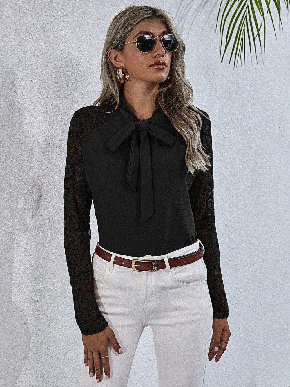 Tie Neck Spliced Lace Long Sleeve Top - Trendsi - Flyclothing LLC