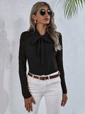 Tie Neck Spliced Lace Long Sleeve Top - Trendsi - Flyclothing LLC