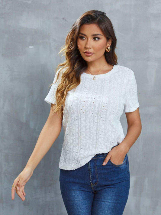 Openwork Short Sleeve Round Neck Top - Trendsi - Flyclothing LLC