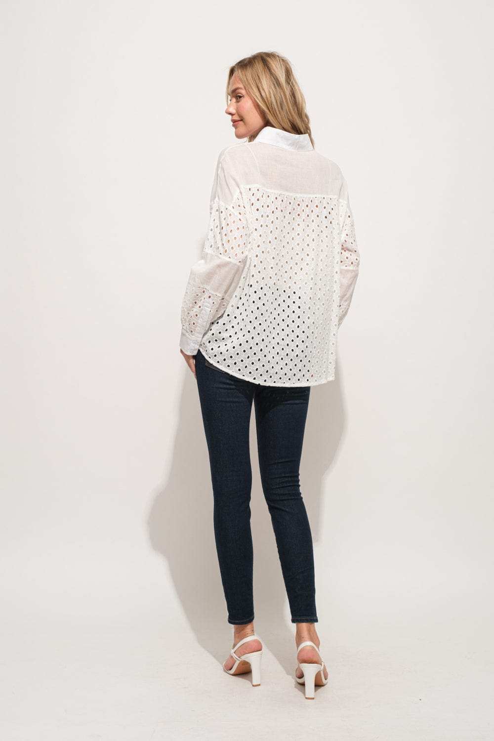 And The Why Eyelet Long Sleeve Button Down Shirt - Trendsi - Flyclothing LLC