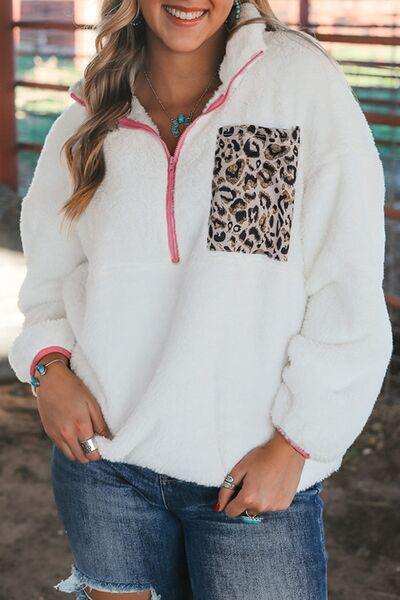 Half Zip Leopard Contrast Long Sleeve Sweatshirt - Trendsi - Flyclothing LLC