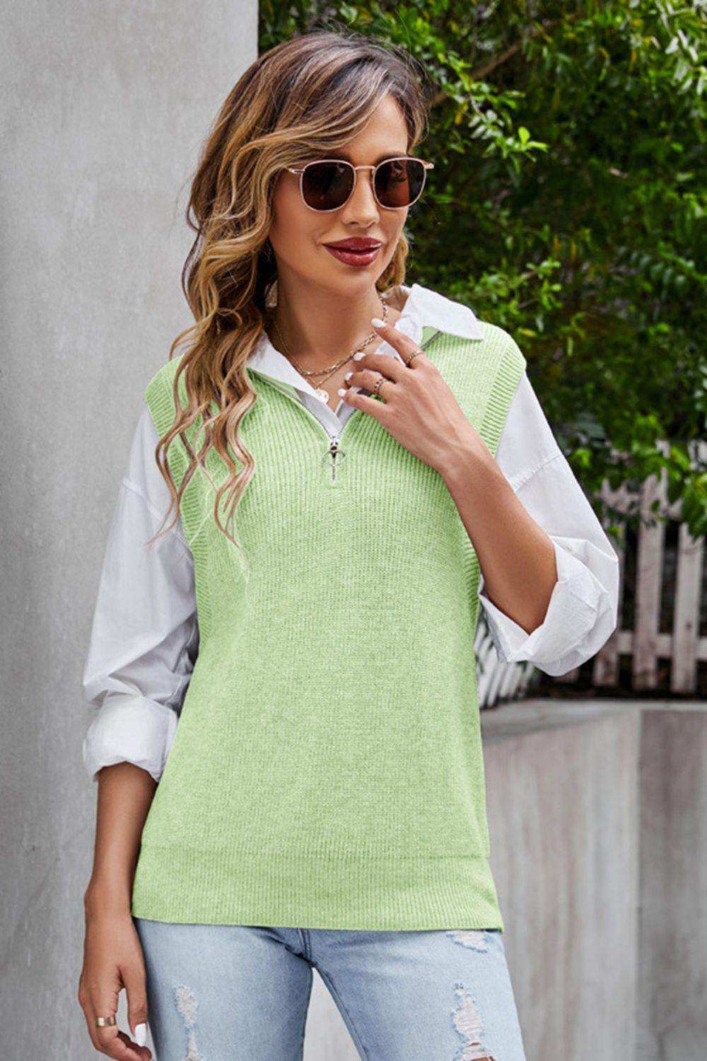 Quarter-Zip Ribbed Sweater Vest - Trendsi - Flyclothing LLC
