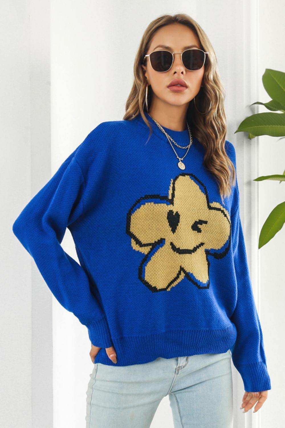 Flower Graphic Drop Shoulder Sweater - Trendsi - Flyclothing LLC