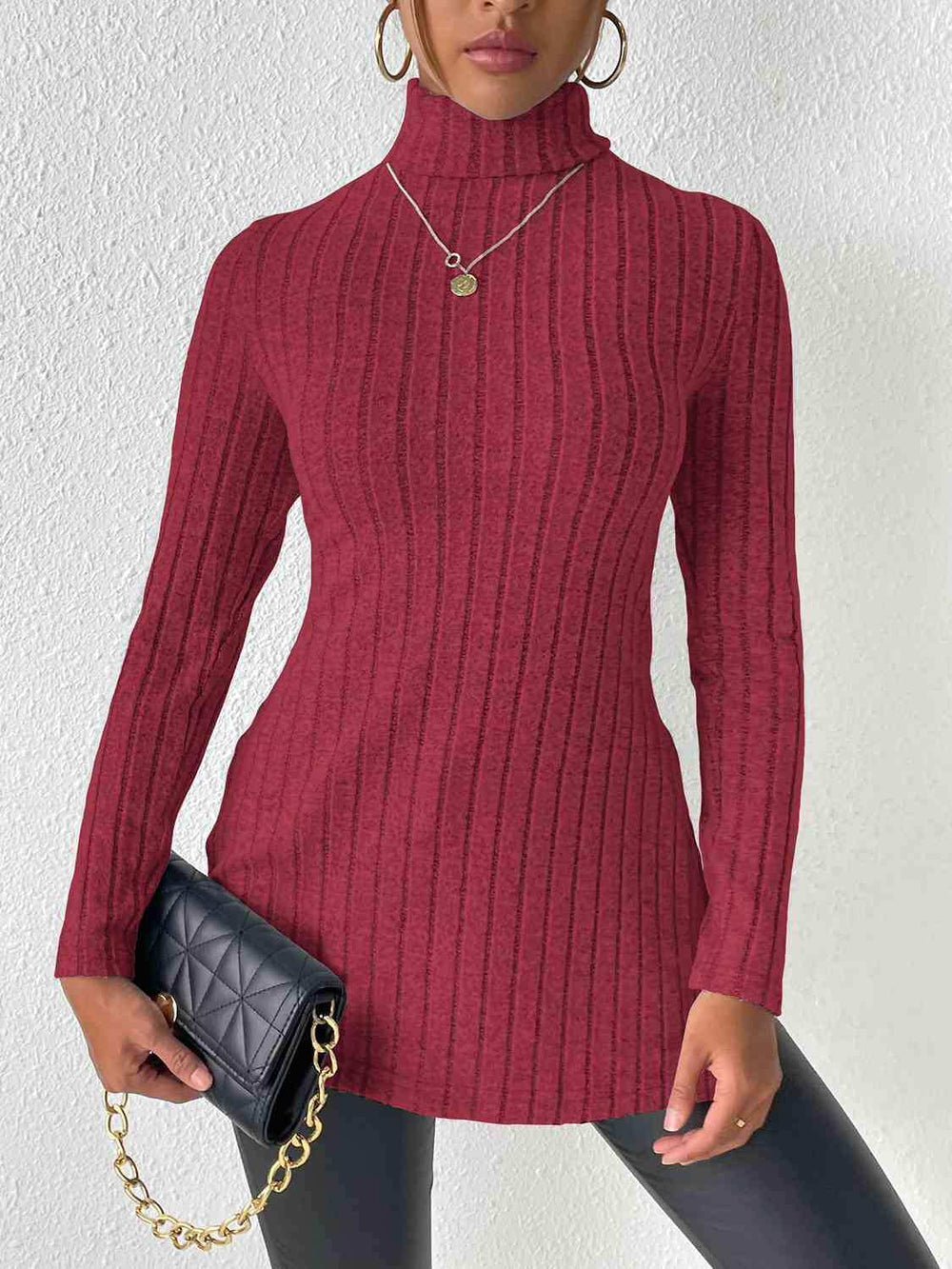 Ribbed Turtleneck Long Sleeve Slit T-Shirt - Trendsi - Flyclothing LLC