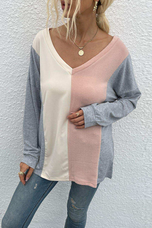 Color Block V-Neck Long Sleeve Blouse - Trendsi - Flyclothing LLC