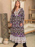 Plus Size V-Neck Balloon Sleeve Printed Midi Dress - Trendsi - Flyclothing LLC