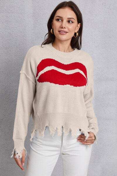 Lip Fringe Round Neck Sweater - Trendsi - Flyclothing LLC