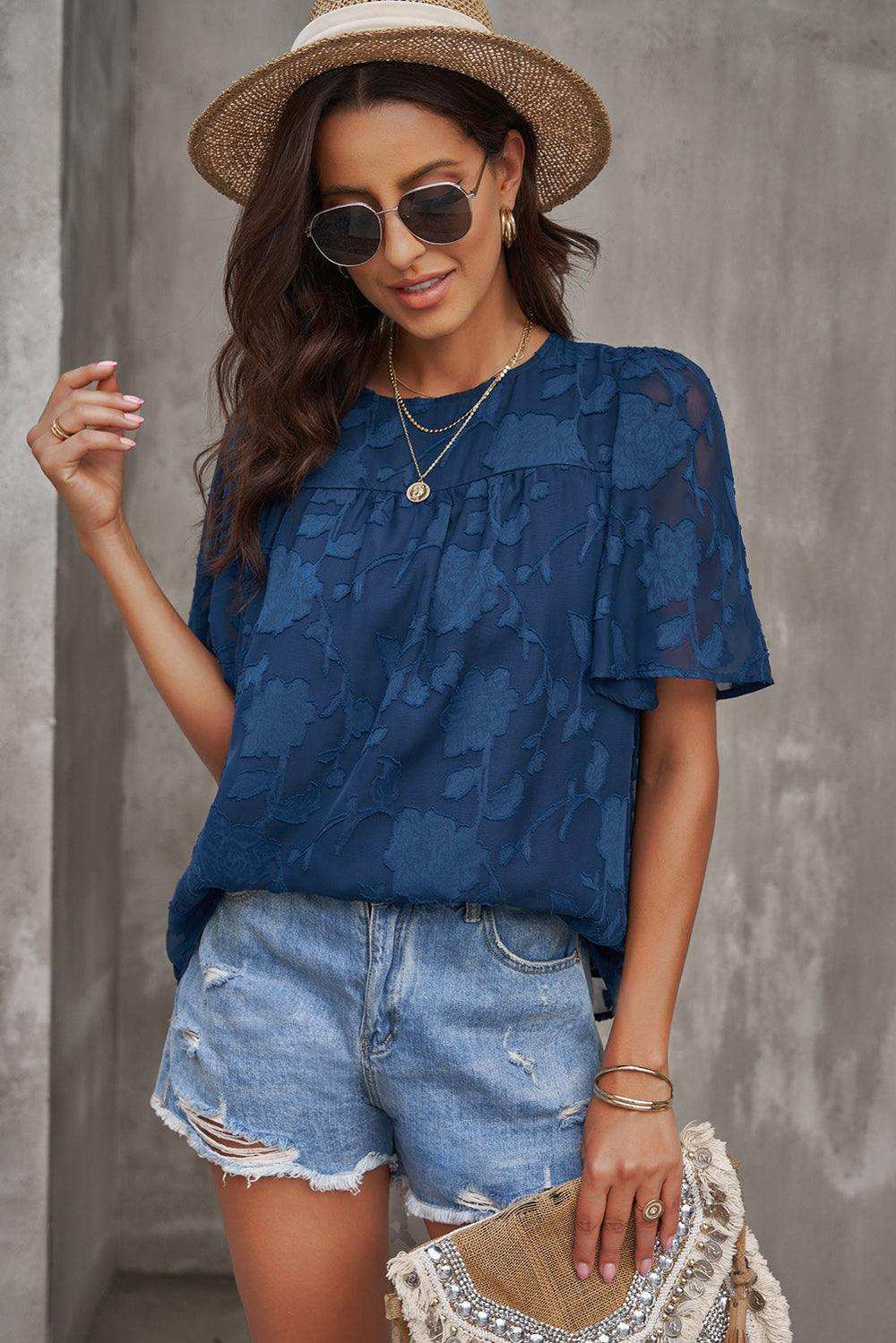 Round Neck Puff Sleeve Blouse - Trendsi - Flyclothing LLC