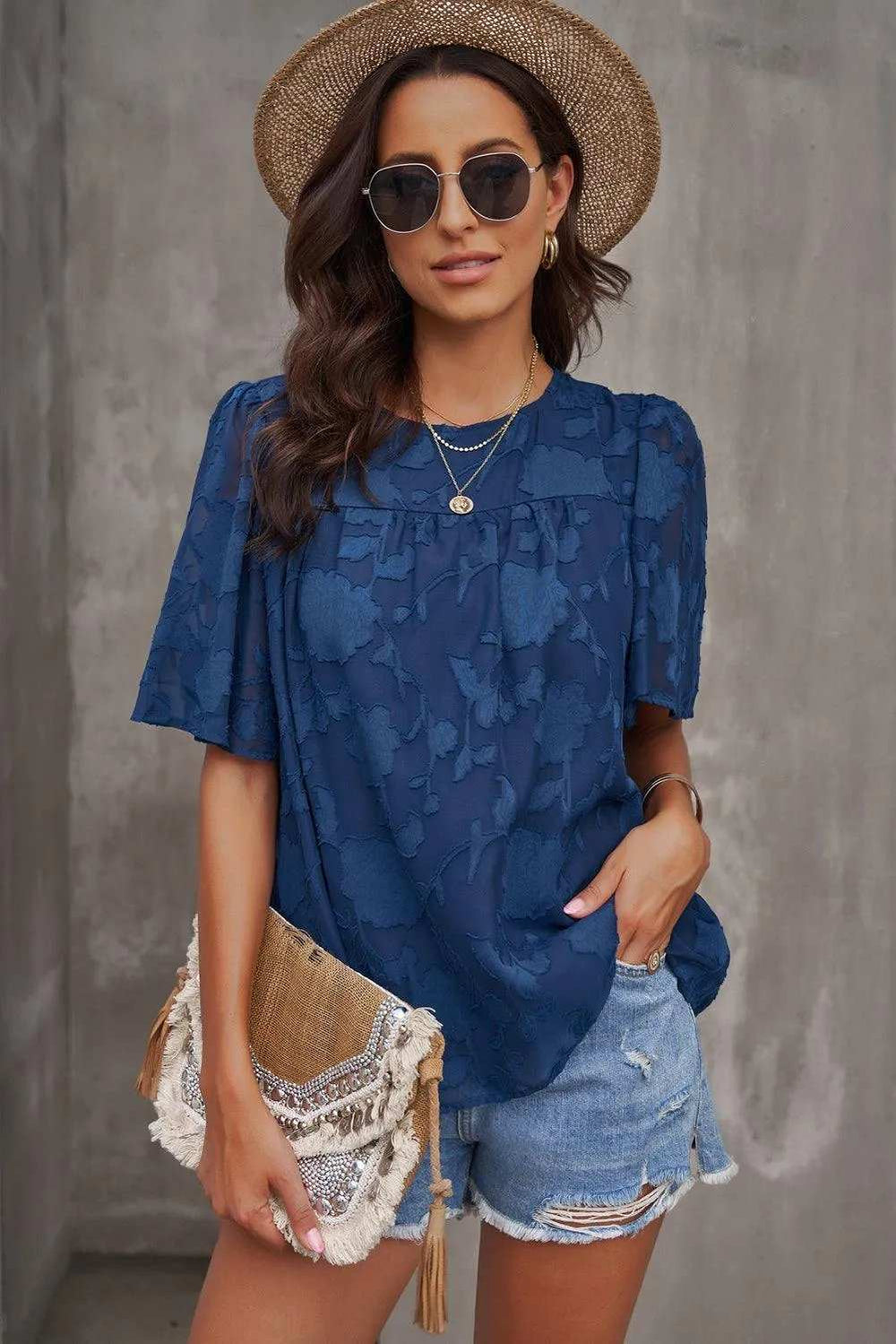 Round Neck Puff Sleeve Blouse - Trendsi - Flyclothing LLC