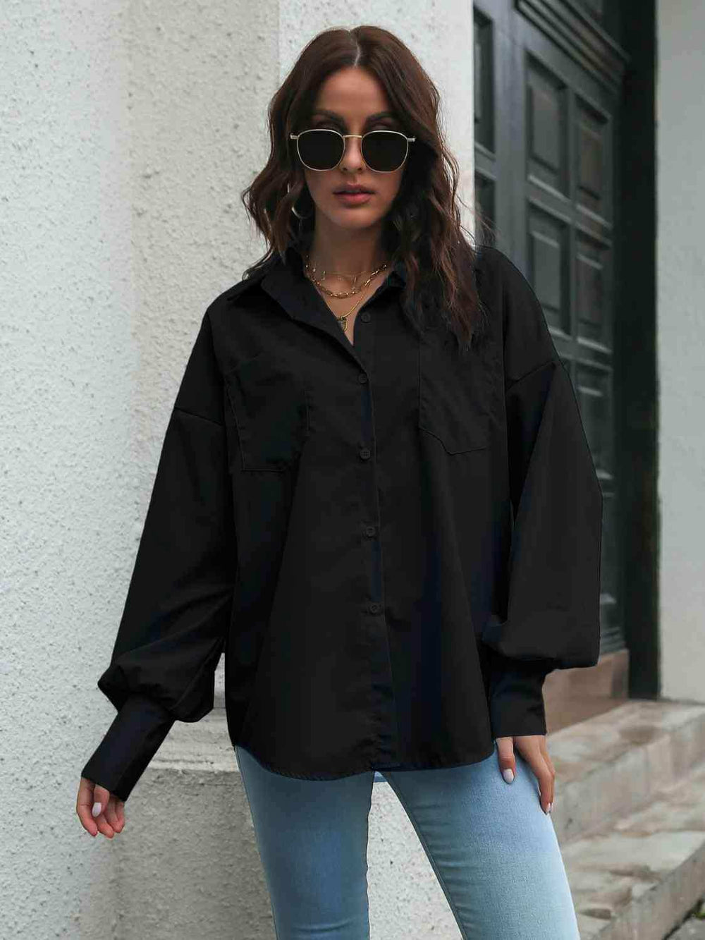 Collared Neck Dropped Shoulder Buttoned Shirt - Trendsi - Flyclothing LLC